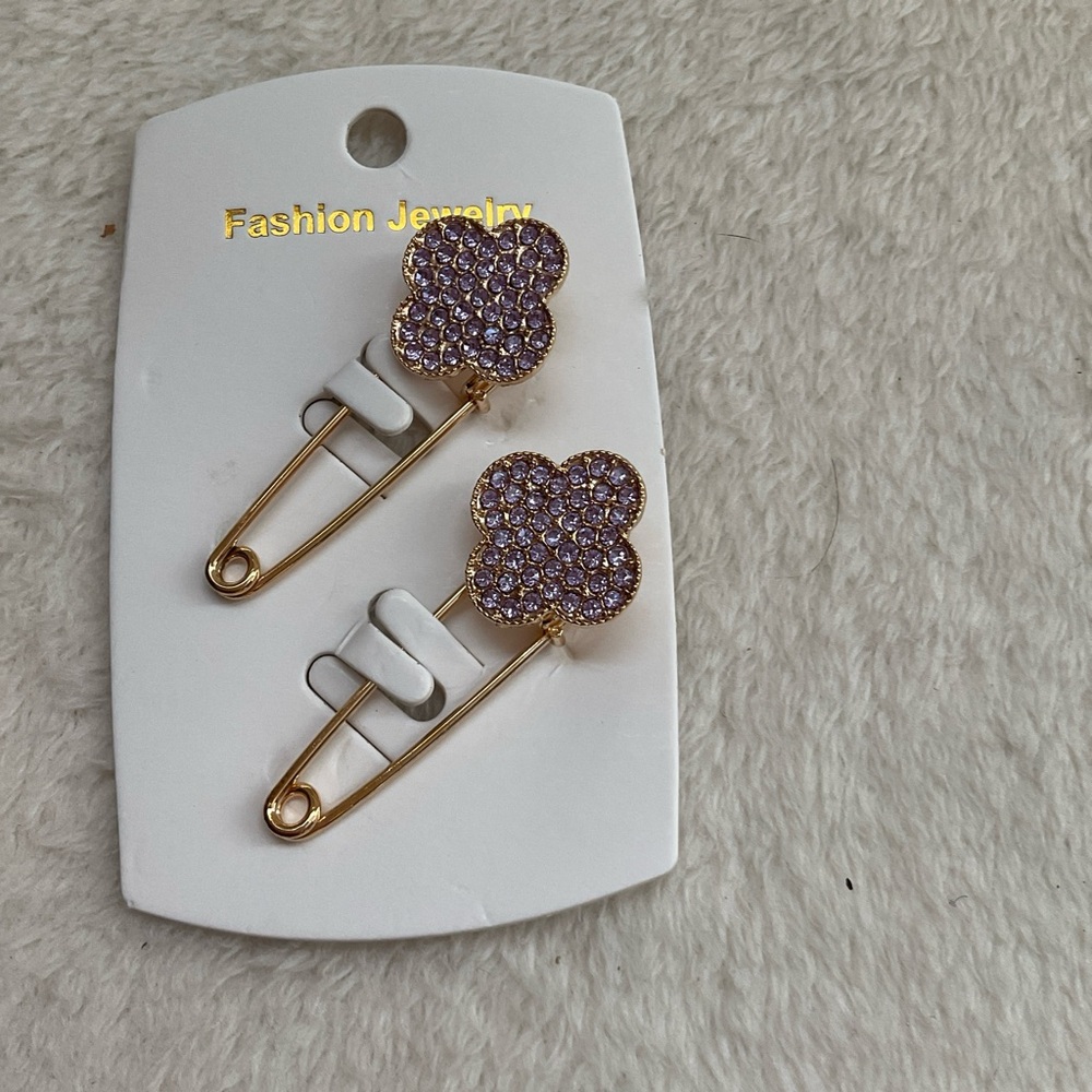 Sparkling Lavender Flower Safety Pin Earrings